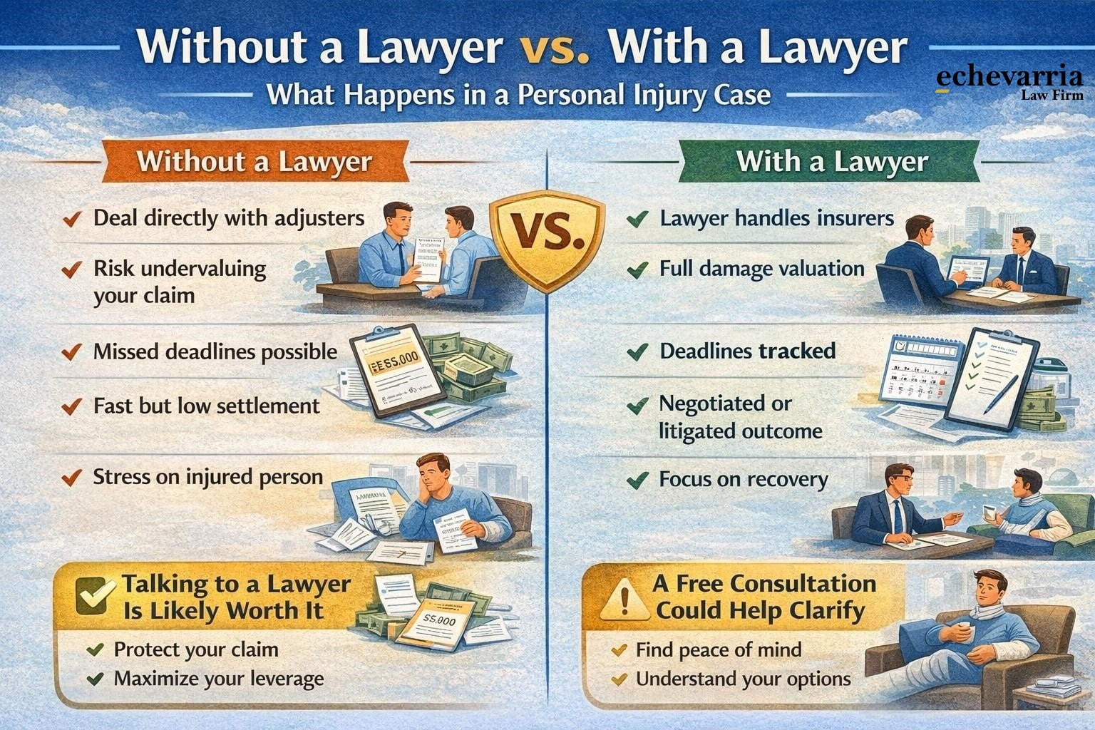 without a lawyer vs with a lawyer personal injury case experience